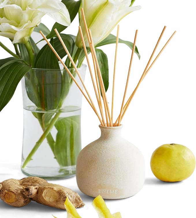 BLUEME Happiness-Yuzu & Ginger, 5.92 Fl Oz Wellness Diffuser, Contains Essential Oil, Sustainable, Hand Finished, Premium, Luxury Ceramic, Natural Rattan Reeds