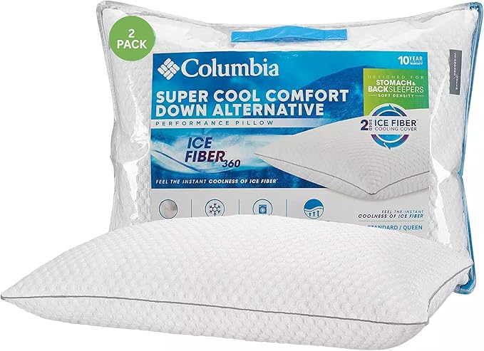 Columbia Comfort Ice Fiber Side Sleeper Down Alternative Bed Pillow with Polyester Fiberfill, Supportive Cooling Double Sided Breathable Cover (Back & Stomach Sleeper, Standard/Queen (Pack of 2))