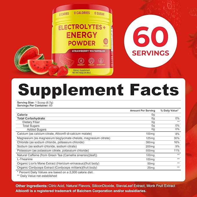 Keto Vitals Electrolytes + Energy Powder with 100mg Natural Caffeine, L Theanine & Organic Lion's Mane Extract - 60 Servings Energy Drink Powder for Workouts - Sugar Free Electrolytes