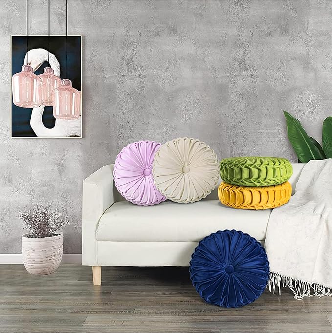 HIG Set of 2 Decorative Round Pleated Throw Pillows,Classy Accent Pumpkin Throw Pillows with Center Button,Vintage Velvet Floor Pillows for Sofa Vanity Chair Bed, Beige,14.6" Diameter(Ripple)