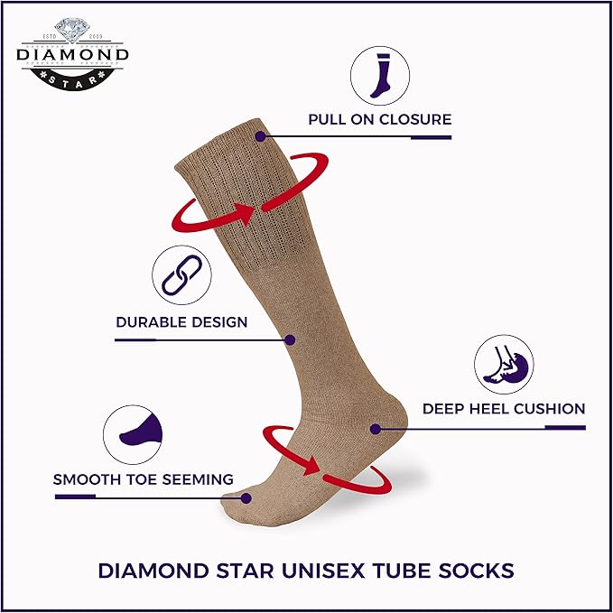 Diamond Star Men's 6 Pack Athletic Tube Socks Running Sports OVER THE CALF Full Cushioned Premium Soft Cotton Big and Tall