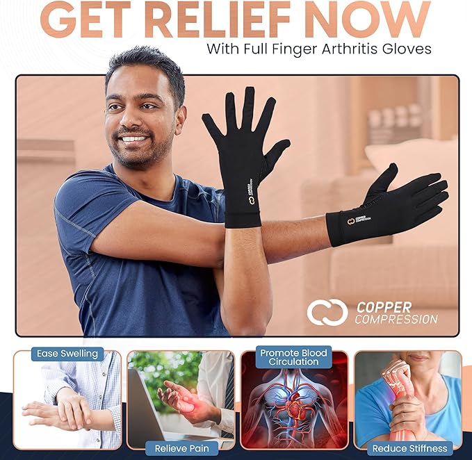 Copper Compression Full Finger Arthritis Gloves - Palm Grips - Touch Screen Fingertips - Compression Support for Carpal Tunnel, Pain Relief, Tendonitis - Fits Men & Women - 1 Pair - Small