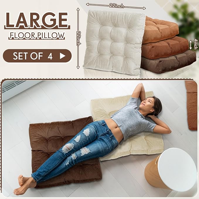 Jerify Floor Pillow Cushions 22 x 22 Inch Round Square Large Meditation Floor Pillow for Classroom Adult Meditation Picnic Party Cushion for Seating Gift Christmas(Square,Brown,4 Pcs)