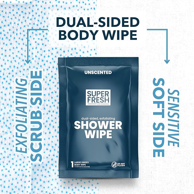 Super Fresh Shower Wipes Large Unscented Body Wipes for No Rinse Bathing Personal Hygiene Gym Travel or Camping Enriched with Aloe and Vitamin E 20 Individually Wrapped Disposable Sheets