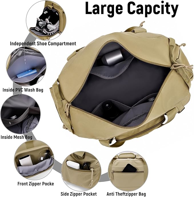 Duffle Bag for Men Women, Gym Bags & Tactical Duffle Bag with Shoe Compartment, Weekender Overnight Bag for Travel Workout, Khaki