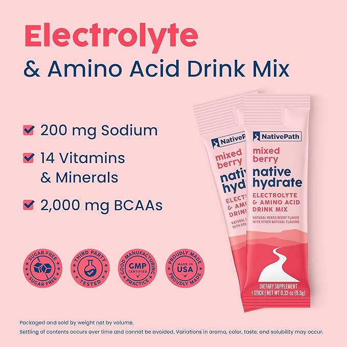 NativePath Native Hydrate Stick Packs, Sugar Free Electrolytes Powder with BCAAs, Mixed Berry Hydration, Keto & Paleo Friendly, 30 Servings