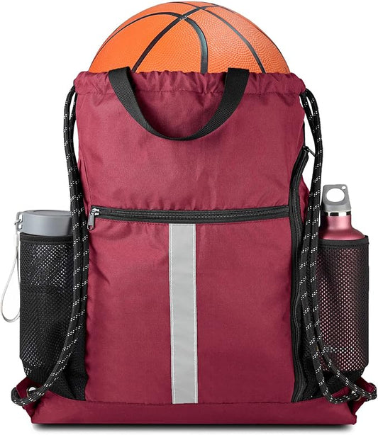BeeGreen Gym Sack Drawstring Bag Sports String Backpack with Shoe Compartment and Two Water Bottle Holder for Unisex Men Women Heavy Duty Cinch Sackpack