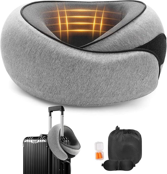 Ergonomic Travel Neck Pillow with Memory Foam Support – Comfortable Airplane Pillow for Adults, Portable Neck Cushion for Car, Office and Long Flights with Eye Mask, Earplug Holder and Carry Bag