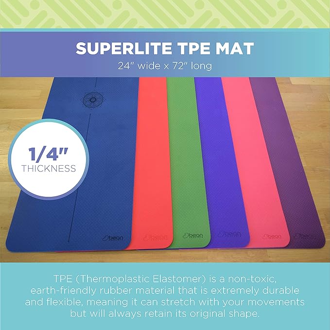 Bean Products SuperLite TPE Yoga Mat | Centering Mandala Design | Extra-long | Non-skid, Slip Resistant | Earth-friendly exercise gym mat | (6mm thick x 24” wide x 72” long)