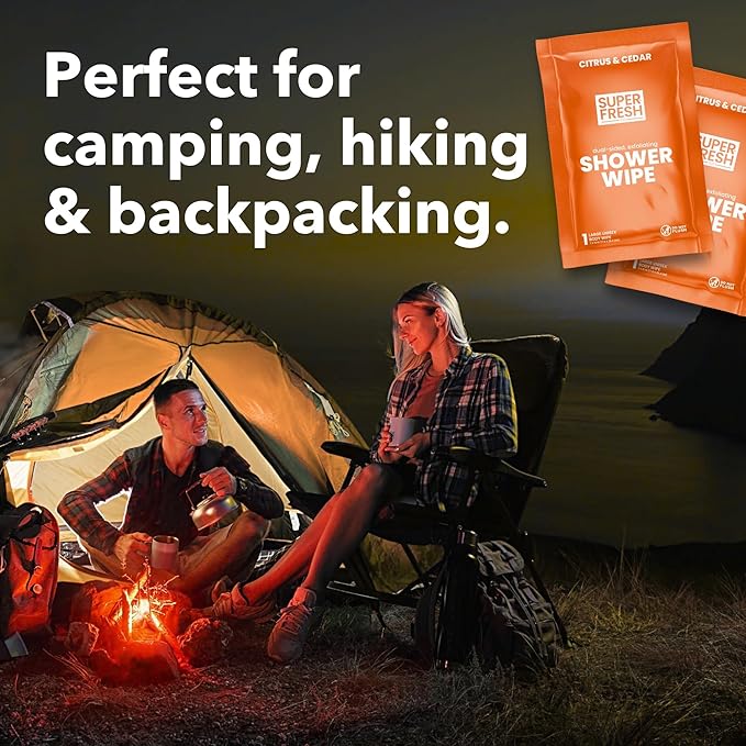 Super Fresh Shower Wipes Large Citrus & Cedar Body Wipes for No Rinse Bathing Personal Hygiene Gym Travel or Camping Enriched with Aloe and Vitamin E 10 Individually Wrapped Disposable Sheets