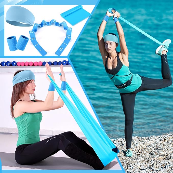 Poen 18 Pcs Pilates Ring Kit Home Pilates Ring Circle and Ball Set for Women Yoga Fitness Set with 5 Resistance Band Stretching Strap Non Slip Sock Ball Core Slider Wristband Headband Gym Bag(Blue)