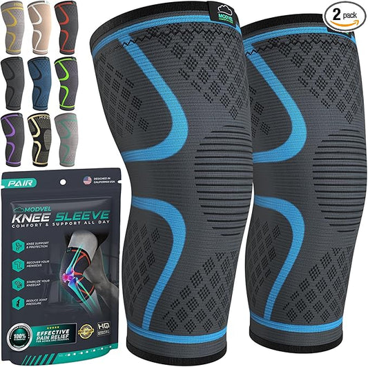 Modvel Compression Knee Brace for Women & Men, 2-Pack Knee Brace for Running Knee Pain, Knee Support Compression Sleeve, Workout Sports Knee Braces for Meniscus Tear, ACL & Arthritis Pain Relief