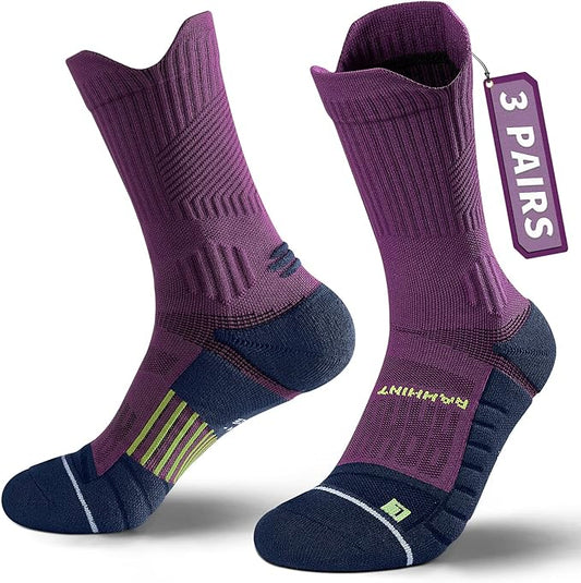 Compression Running Socks 3 Pairs, Cushion Crew Socks, Anti-Blister Moisture Wicking Athletic Hiking Basketball Socks