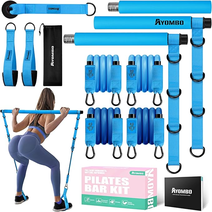 Pilates Bar Kit with Resistance Bands, Pilates Workout Equipment for Legs, Hip, Waist, Arm, Squats Exercise Equipment for Home Workouts, Adjustable 3-Section Pilates Bar Kit for Women & Men
