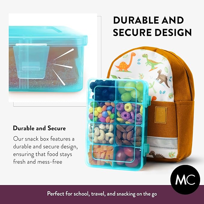 Snack Box Containers Set of 2-Reusable,100 Dissolvable Labels, 8 Adjustable Compartments, Dishwasher Safe, BPA-Free, Meal Prep Container, PARENT TESTED PARENT APPROVED AWARD (2 Pack) (Blue)