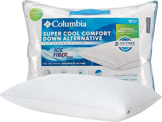 Columbia Comfort Ice Fiber Side Sleeper Down Alternative Bed Pillow with Polyester Fiberfill, Supportive Cooling Double Sided Breathable Cover (Back & Stomach Sleeper, Standard/Queen (Pack of 1))