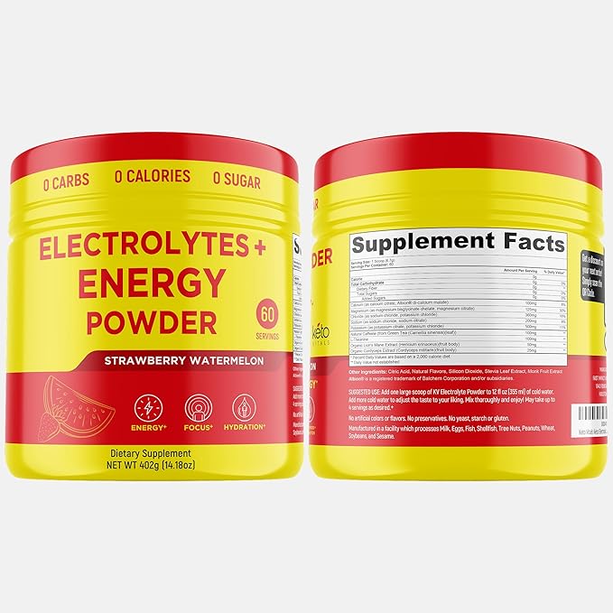 Keto Vitals Electrolytes + Energy Powder with 100mg Natural Caffeine, L Theanine & Organic Lion's Mane Extract - 60 Servings Energy Drink Powder for Workouts - Sugar Free Electrolytes