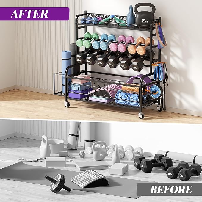 400LBS Dumbbell Rack, VOPEAK Adjustable Weight Rack for Home Gym, Home Gym Storage Rack for Yoga Mat Kettlebells and Strength Training Equipment, Weight Storage Rack for Dumbbells with Wheels