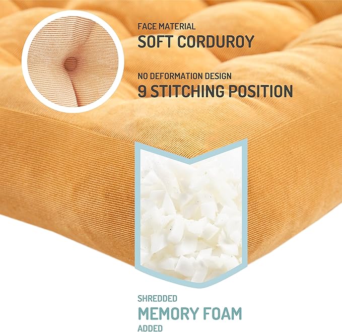 Degrees of Comfort Meditation Floor Pillow Set of 2, Square Large Pillows Seating for Adults, Tufted Corduroy Cushions for Balcony Outdoor Tatami Living Room, Orange Yellow, 22x22