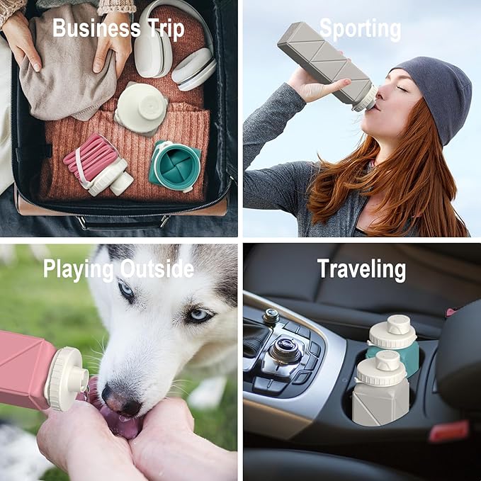 Collapsible Water Bottles 20.6oz 2 Pack, Silicone Foldable Portable Travel Water Bottle, Lightweight Reusable Leakproof for Travel Camping Hiking Cycling Yoga Sports Outdoor (Black+Blue)