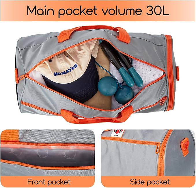 Gym Duffle Bag for Men & Women with Wet & Shoe Separated Compartment, 21 Inch and 30L Large Duffle Bag for travel Carry On, Swimming, Workout, Football. Grey