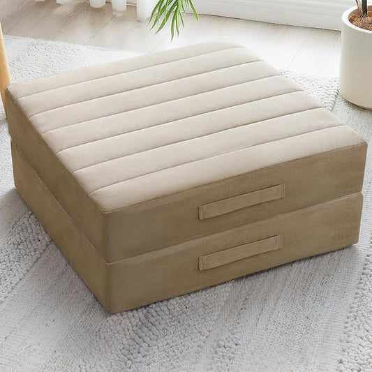 2 Pcs High Density Foam Floor Pillow - Upgraded Large Pillows Seating for Adults - Outdoor Floor Cushion with Soft Tufted Cover - Yoga Pillows for Sitting On Floor - 22 Inch Khaki