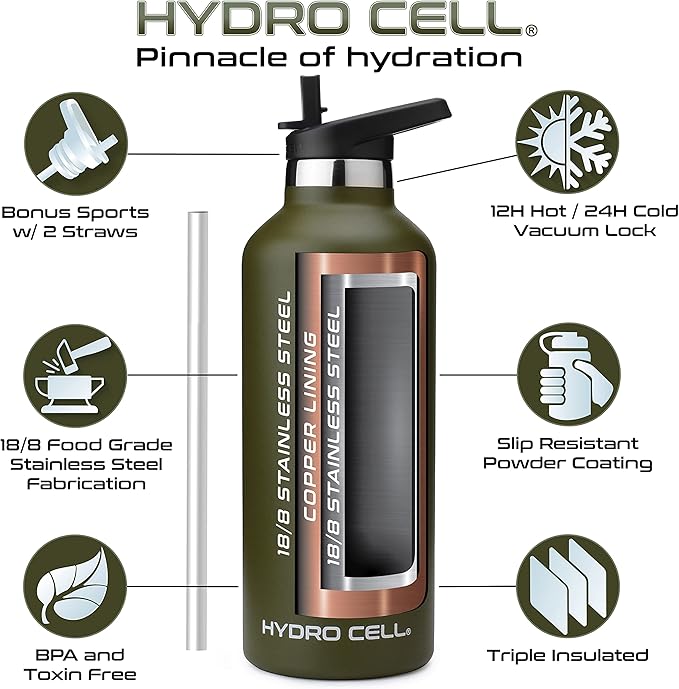 HYDRO CELL Stainless Steel Water Bottle with Straw & 2 Standard Mouth Lids (32oz 24oz 20oz 16oz) Keeps Liquids Hot or Cold w/Double Wall Vacuum Insulated Leak Proof Sport Design (Army 32oz)
