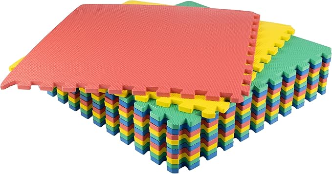 EVA Foam Mat Tiles 12-Pack - 48 SQ FT Interlocking Padding for Playroom or Gym Flooring - Workout Mat or Baby Playmat by Stalwart (Multicolor)