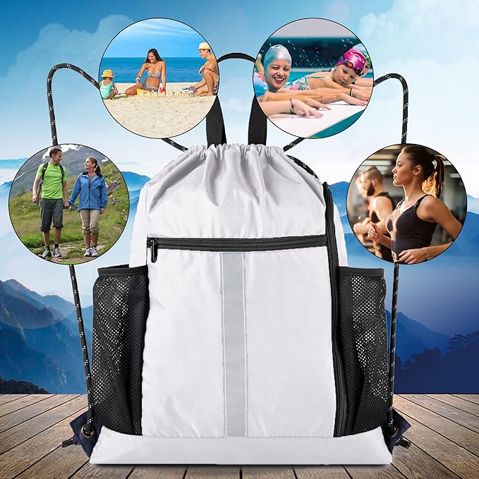 BeeGreen White_Drawstring_Backpack_Bag_Sports_Gym_Backpack with Shoe Compartment and Two Water Bottle Holder for Men Women Large String Athletic Sackpack Workbag White