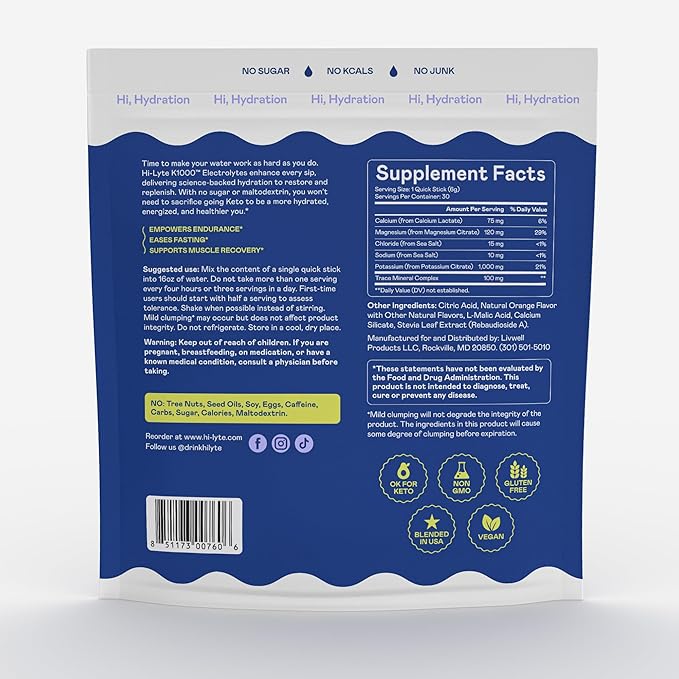 Hi-Lyte K1000 Electrolytes Quick Sticks Orange Keto & Performance, 30 Servings - 1000mg Potassium + Magnesium, Sodium, Trace Minerals - 0 Carbs, 0 Sugar