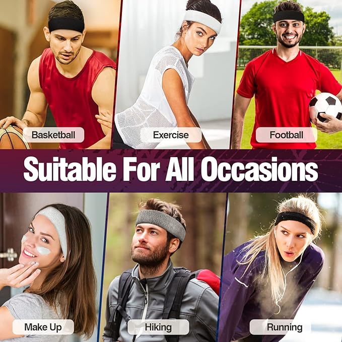 Sweatbands Sports Headband for Men & Women, Moisture Wicking Hairband Athletic Towel Headbands Cotton Head Sweat Bands for Running, Cycling, Yoga, Spa