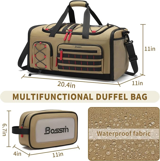 Bosstin Gym Bag for Men & Women,45L Travel Duffle Sports Duffel Bag Gym Weekender Overnight Backpack with Shoe Compartment (Khaki)