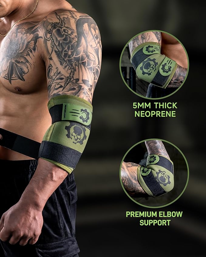 MANUEKLEAR 5mm Neoprene Weight Lifting Elbow Sleeves for Men (1 Pair), Elbow Sleeves Weightlifting Men with 2 Adjustable Compression Straps for Bench and Powerlifting & Weightlifting