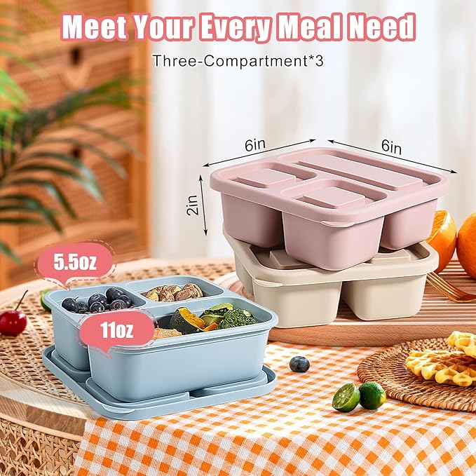 4Piece Silicone Snack Container with Lids, 3 Compartment Snack Container, is Perfect for Lunch Salads, Snack Boxes, and Ideal for Travel, Office, and Picnics.（Lightweight Stackable ）