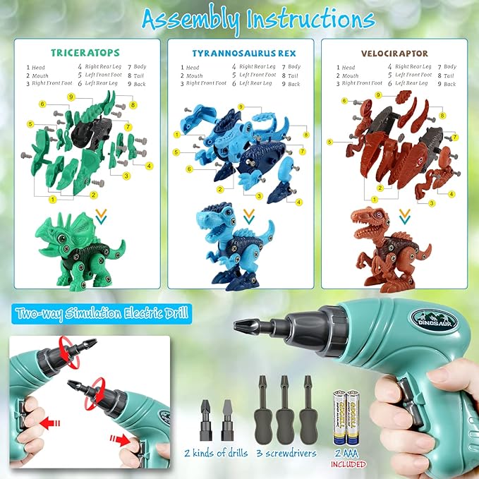 Dinosaur STEM Toys for Kids 3-5, Take Apart Dinosaur Toys with Electric Drill, Educational Building Toy & Construction Set, DIY Christmas Birthday Gifts for 3 4 5 6 7 8 Years Old Boys and Girls