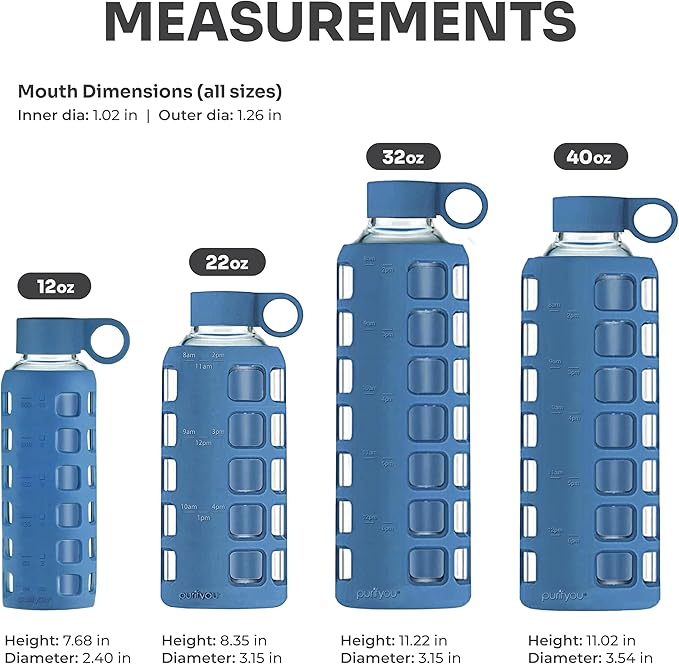 purifyou 40oz / 32oz / 22oz / 12oz Borosilicate Glass Water Bottle with Time & Volume Markers, Silicone Sleeve, Stainless Steel Lid | Reusable Glass Bottle for Water & Juice (40oz Chinese Porcelain)