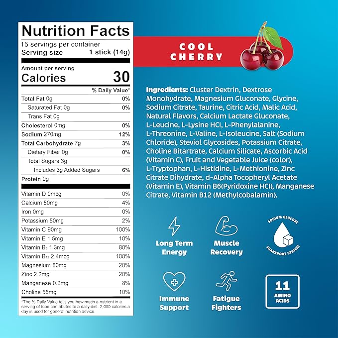 LivPur Electrolyte Drink Mix, Instant Hydration Powder with Vitamin C, B6, B12 & Essential Amino Acids for Muscle Support & Immune Health, Sports Essentials, Cool Cherry Flavor, 15 Stick Packs