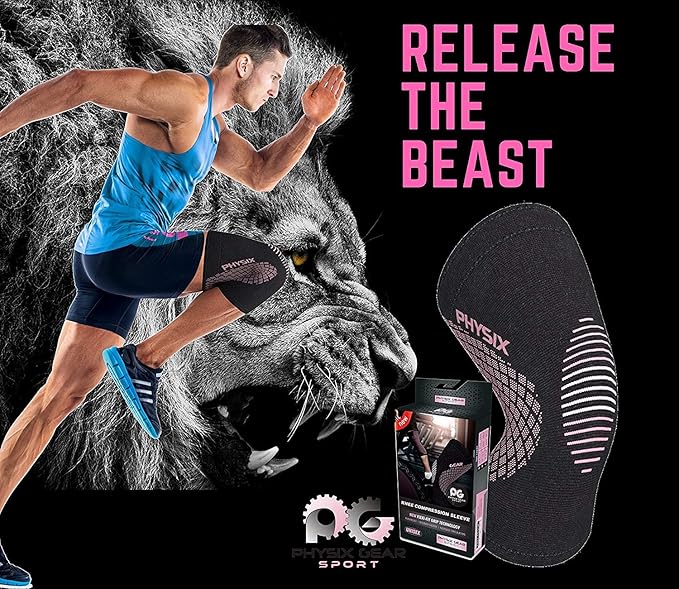 Physix Gear Knee Compression Sleeve for Men & Women - Best Compression Knee Brace for Walking, Running, Gym, Basketball, Weightlifting,Workout, Sports - Knee sleeves Support Compression & Stability
