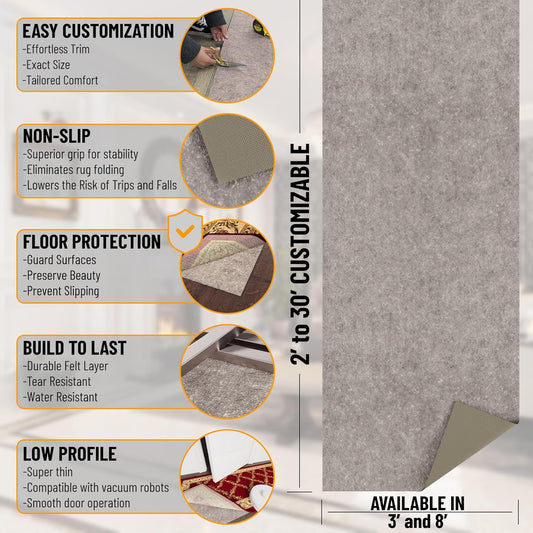 Ottomanson 5' x 8' Non-Slip Rug Pad Gripper 1/4 Inch Thick Dual Surface Felt + Rubber Gripper - Safe for All Floors, Brown