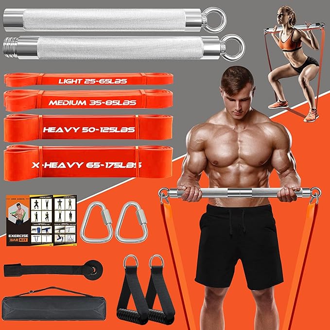 DASKING Resistance Band Bar Set for Home Gym, 500LB Total Resistance with Longer Bar & 4 Stackable Bands, Detachable for Full Body Workouts, Door Anchor, Exercise Guide