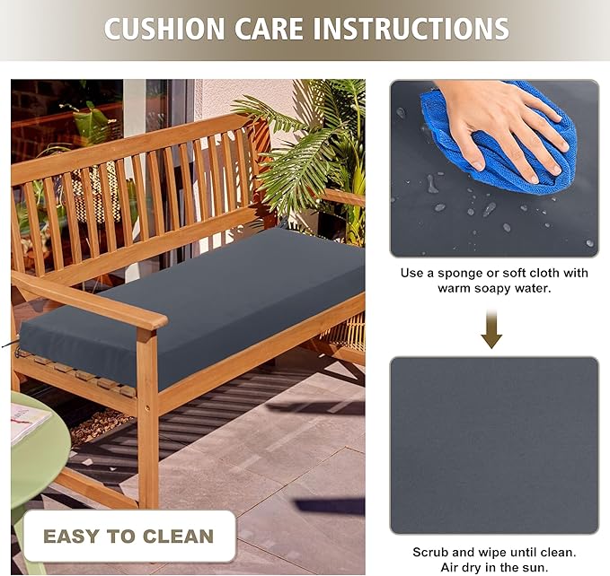 Outdoor Bench Cushion Waterproof 42"x18" – Fade-Resistant Patio Furniture Cushion with Ties for Porch Swing, Loveseat, or Indoor Bench Replacement, Dark Grey