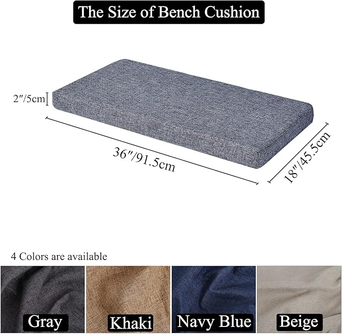 36 x 18 Inch Piano Bench Cushions for Indoor Furniture with Ties Non Slip Kitchen Dining Room Bench seat Cushion for Shoe Storage Ottoman Window Settee Pad,Khaki