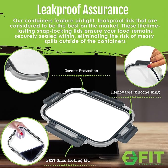 FIT Strong & Healthy Meal Prep Containers, 1 & 2 & 3 Compartments – Glass Bento Box Adult Lunch Box, Glass Containers Meal Prep with Lids, Container with Compartments, 35 oz, Black, 3 Pack