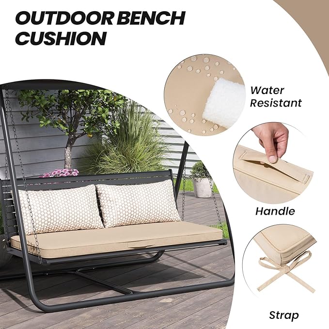 Crestlive Products Outdoor Bench Cushion 42 x 18 Inch, Waterproof Patio Bench Cushions for Outdoor Furniture, Porch Swing Replacement Pad with 30D Foam, Adjustable Straps and Portable Handle, Beige