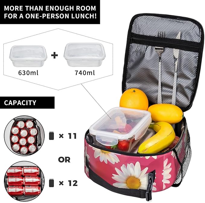 Daisy Floral Lunch Box for Women Men, Insulated Lunch Box Reusable Portable Lunch Bag Cooler Tote Waterproof Lunch Container for Office Picnic Work Travel
