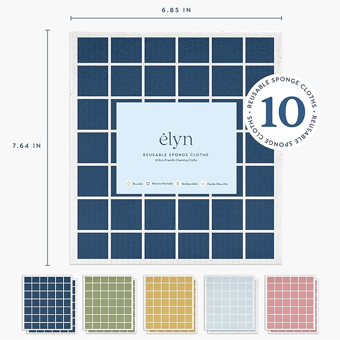 ELYN Swedish Dishcloths, Reusable & Washable Sponge Cloths, Absorbent Cleaning Paper Towels for Kitchen, Dishes, Counters and More, 10 Pack, Assorted Rainbow Color Window Pane Pattern