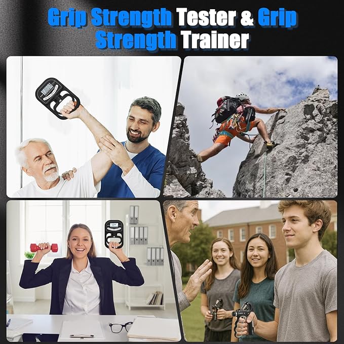 Grip Strength Tester 396 lbs/180 kg with Backlit LCD Display, Digital Hand Grip Dynamometer Records Up to 19 Users, Adjustable Grip Strength Trainer 11–220 lbs for Sports, Rehab, Home & School Use