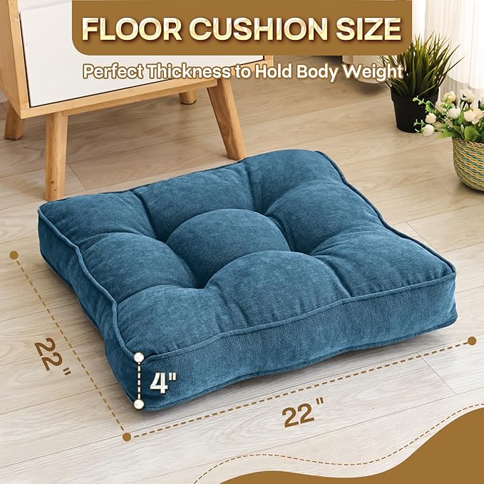 Floor Pillow Set of 2, Memory Foam Floor Cushions for Adults, Large Square Meditation Pillow for Sitting, 22 x 22 Inches (Square | Navy)