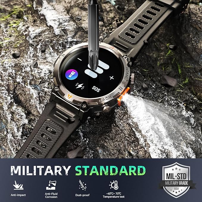 Military Smart Watches for Men Built-in GPS 3ATM Waterproof with Call/LED Flashlight, 1.45" Rugged Tactical Smartwatch with Compass, Fitness Tracker with HR/SPO2/Sleep Monitor for iPhone Android