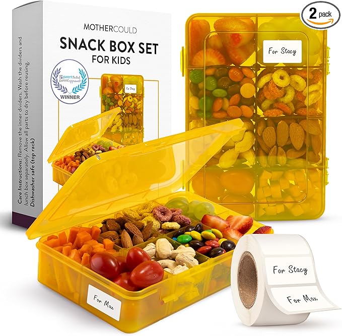 Snack Box Containers Set of 2-Reusable,100 Dissolvable Labels, 8 Adjustable Compartments, Dishwasher Safe, BPA-Free, Meal Prep Container, PARENT TESTED PARENT APPROVED AWARD (2 Pack) (Yellow)